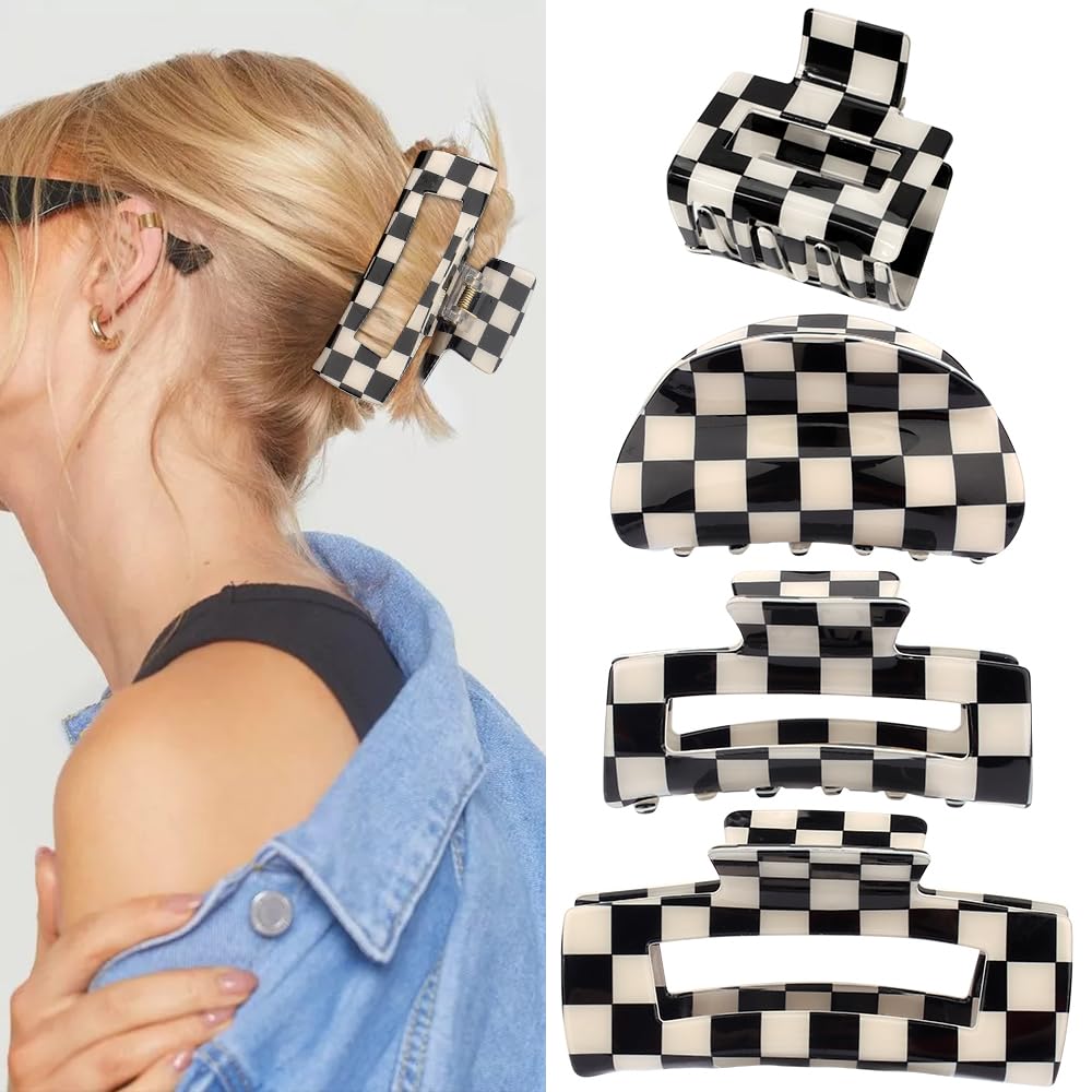 Atoden checkered hair clip large rectangle in black and white for thick hair hold