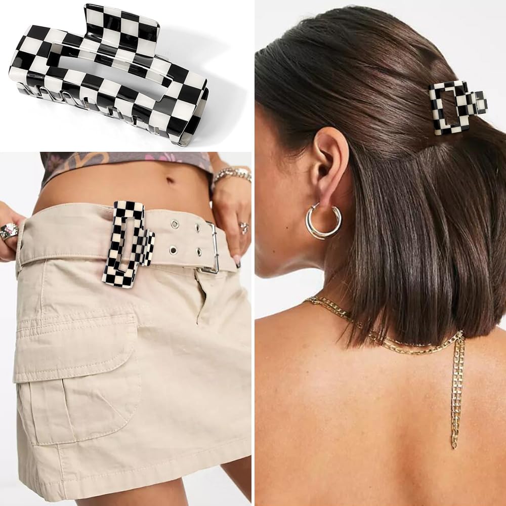 Atoden checkered hair clip pattern closeup, bold Y2K-inspired look