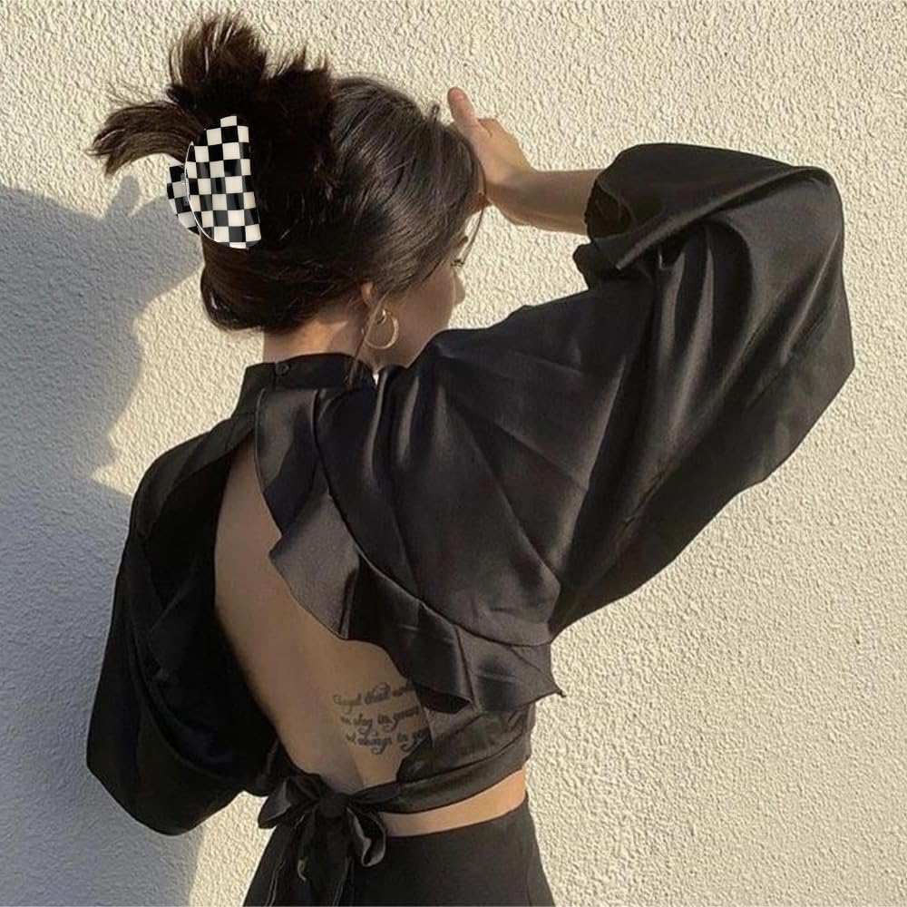 Atoden checkered hair clip semicircle black and white, easy daily wear