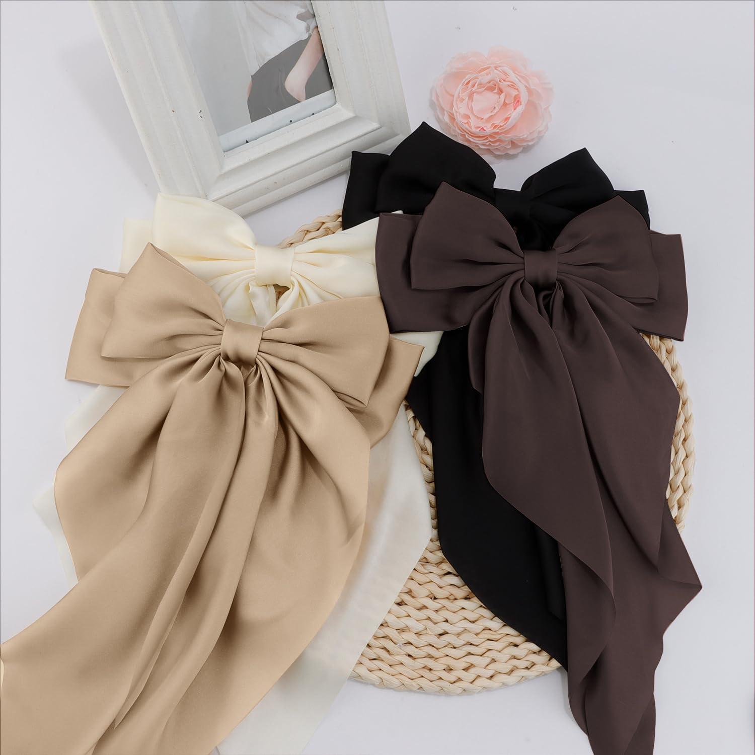Atoden daily-wear satin bow on model for casual and special occasions