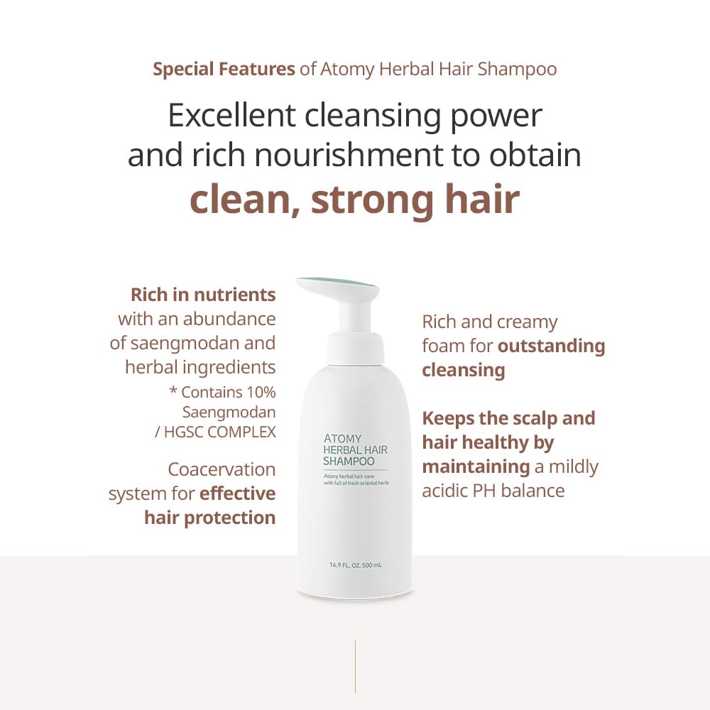 Atomy Herbal Hair Shampoo foamy lather promises refreshing cleansing with botanicals.