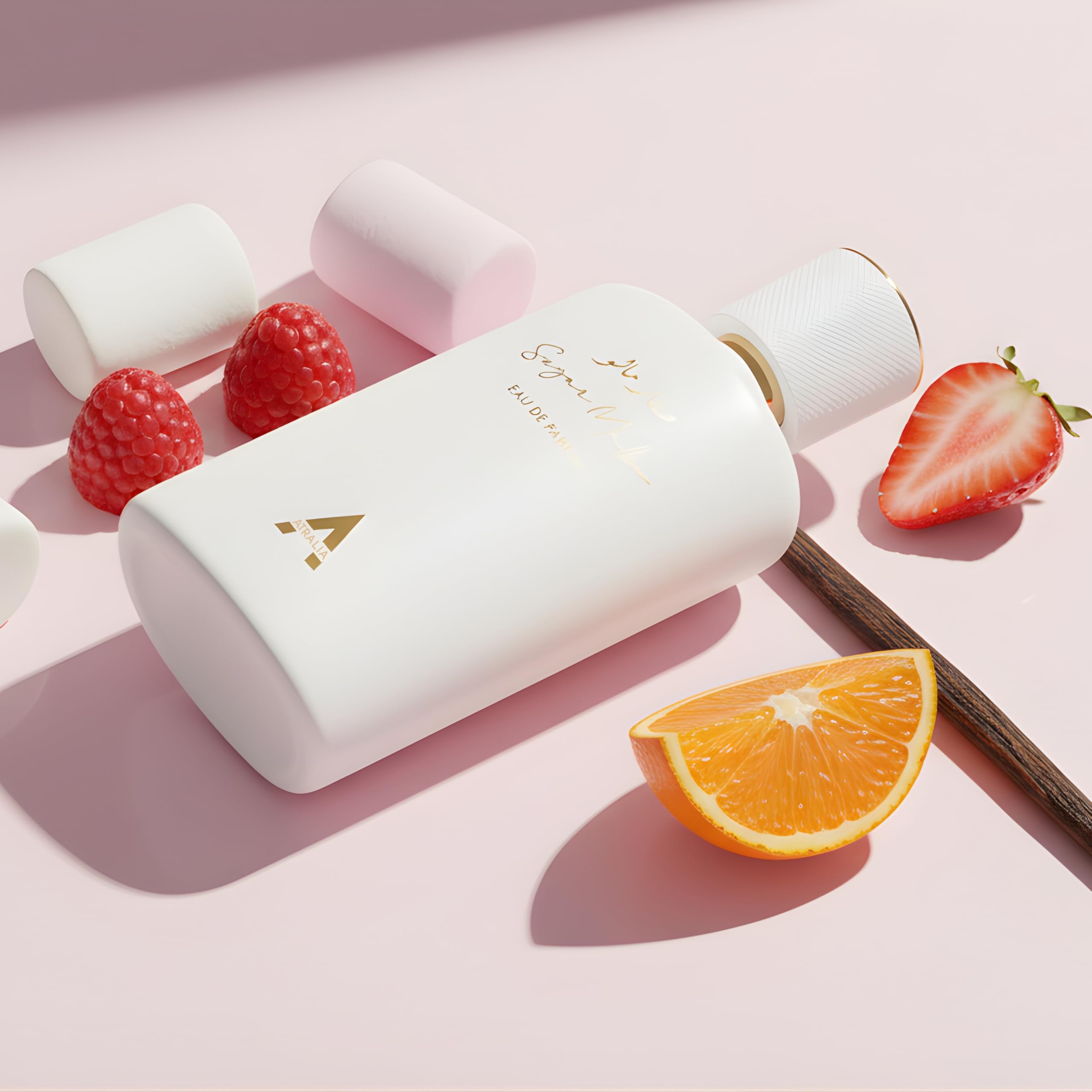 Atralia Sugar Mallow texture close-up shows premium glass finish and refined bottle design