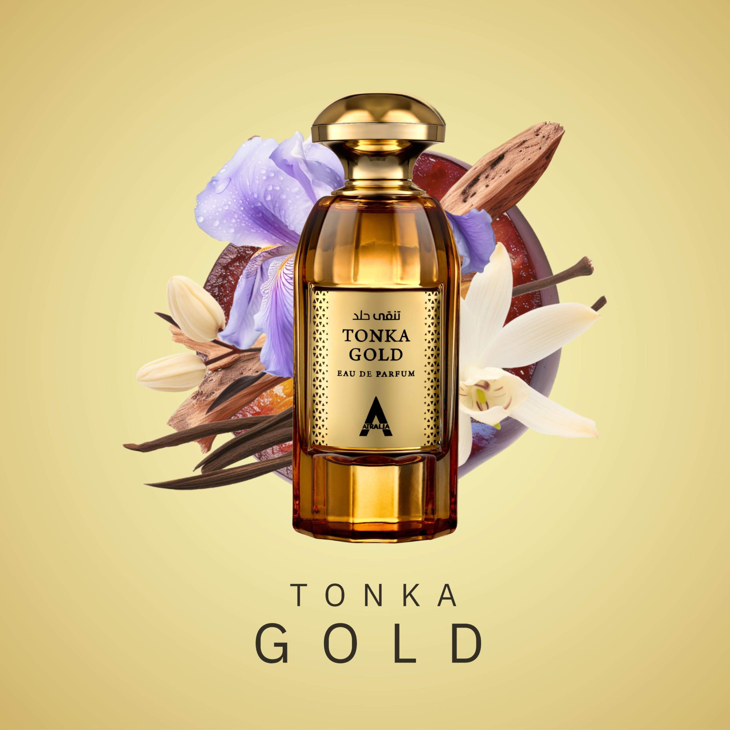 Atralia Tonka Gold bottle closeup with gold-detail label enhances luxury gifting appeal.