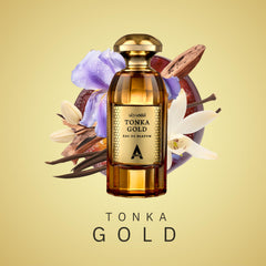 Atralia Tonka Gold bottle closeup with gold-detail label enhances luxury gifting appeal.