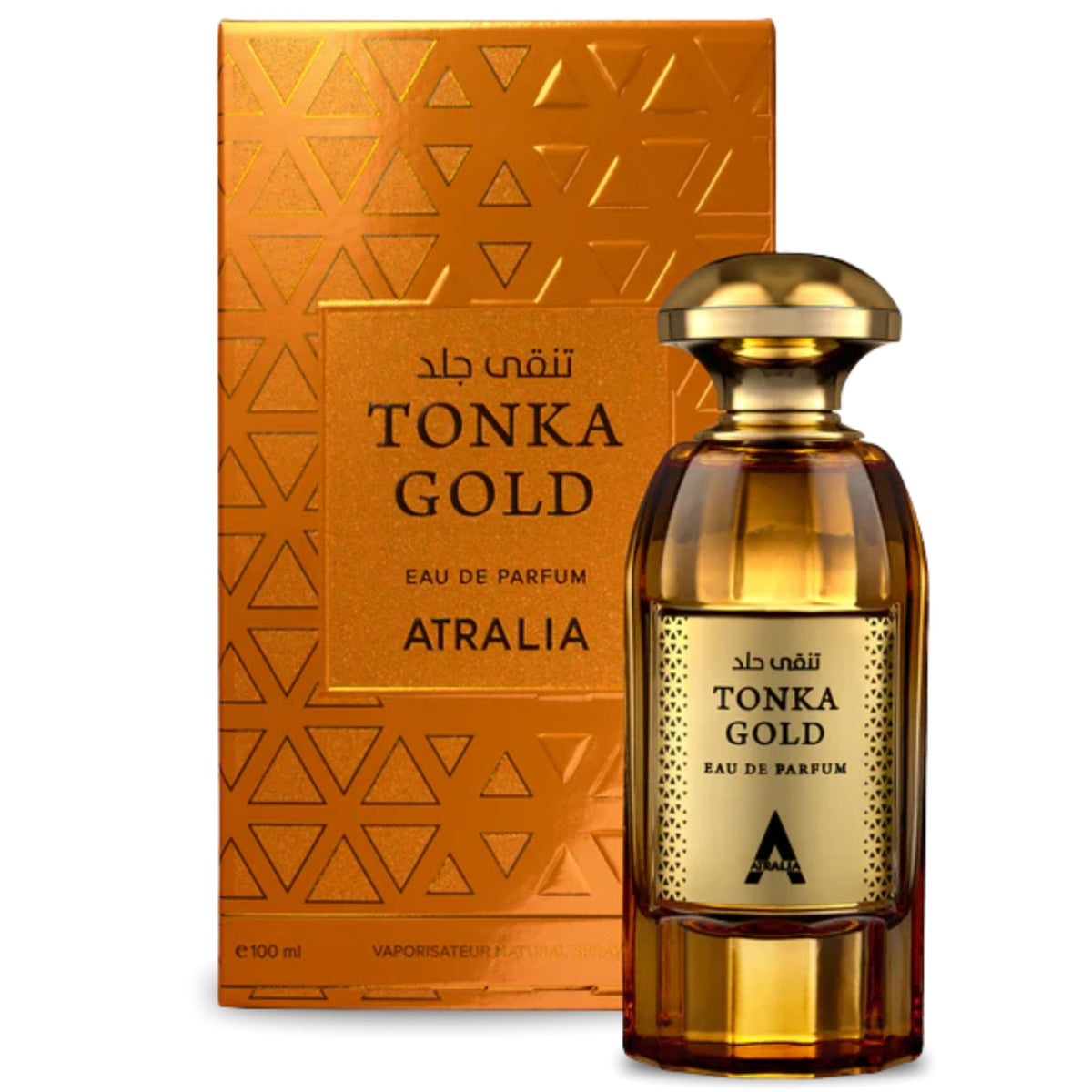 Atralia Tonka Gold bottle front view highlights universal elegance for any occasion.