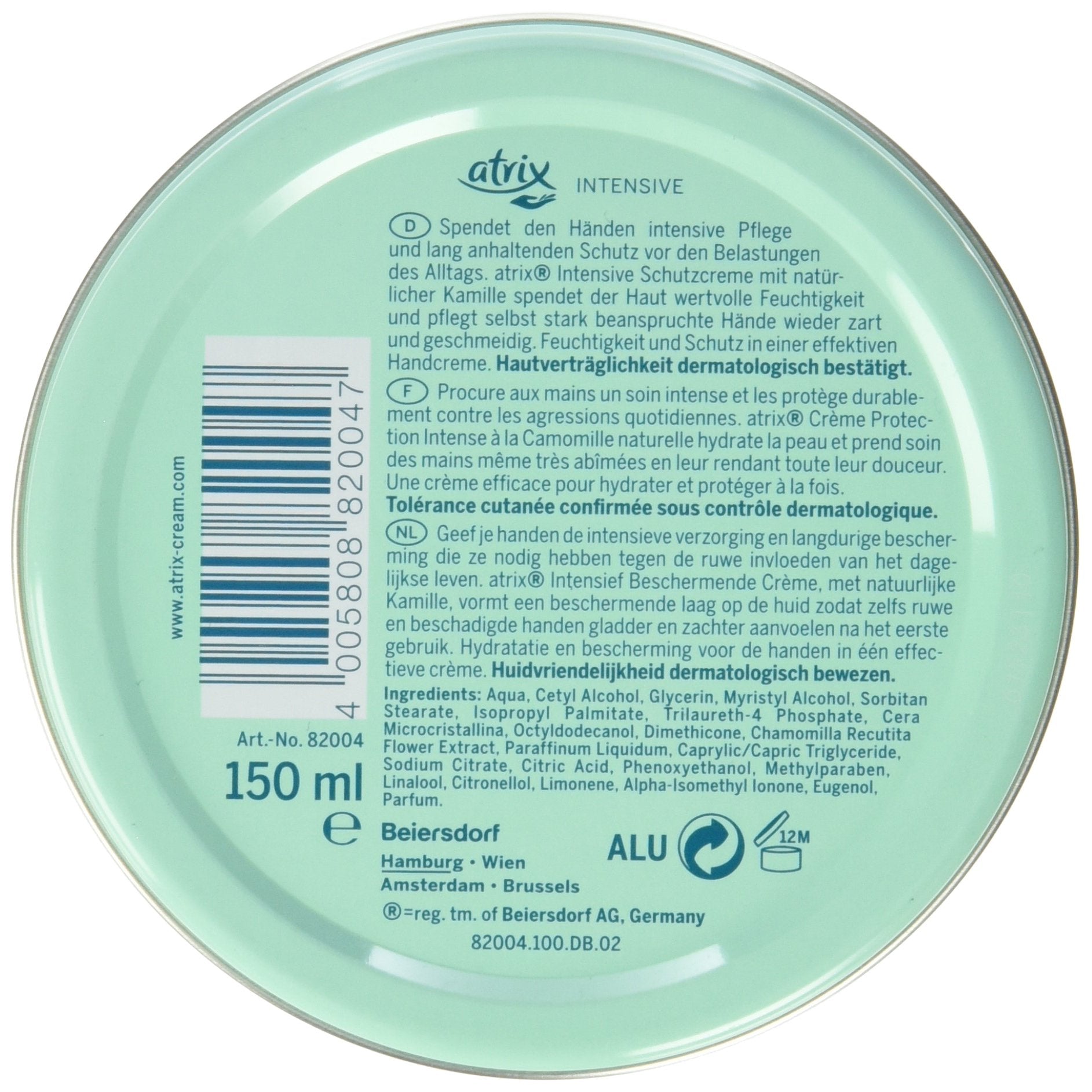 Atrix Camomile hand cream tube texture close-up showing creamy formula for quick absorption.