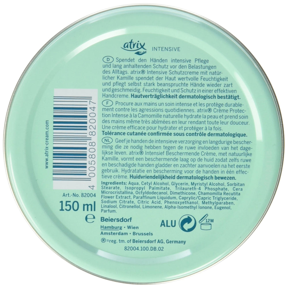 Atrix Camomile hand cream tube texture close-up showing creamy formula for quick absorption.