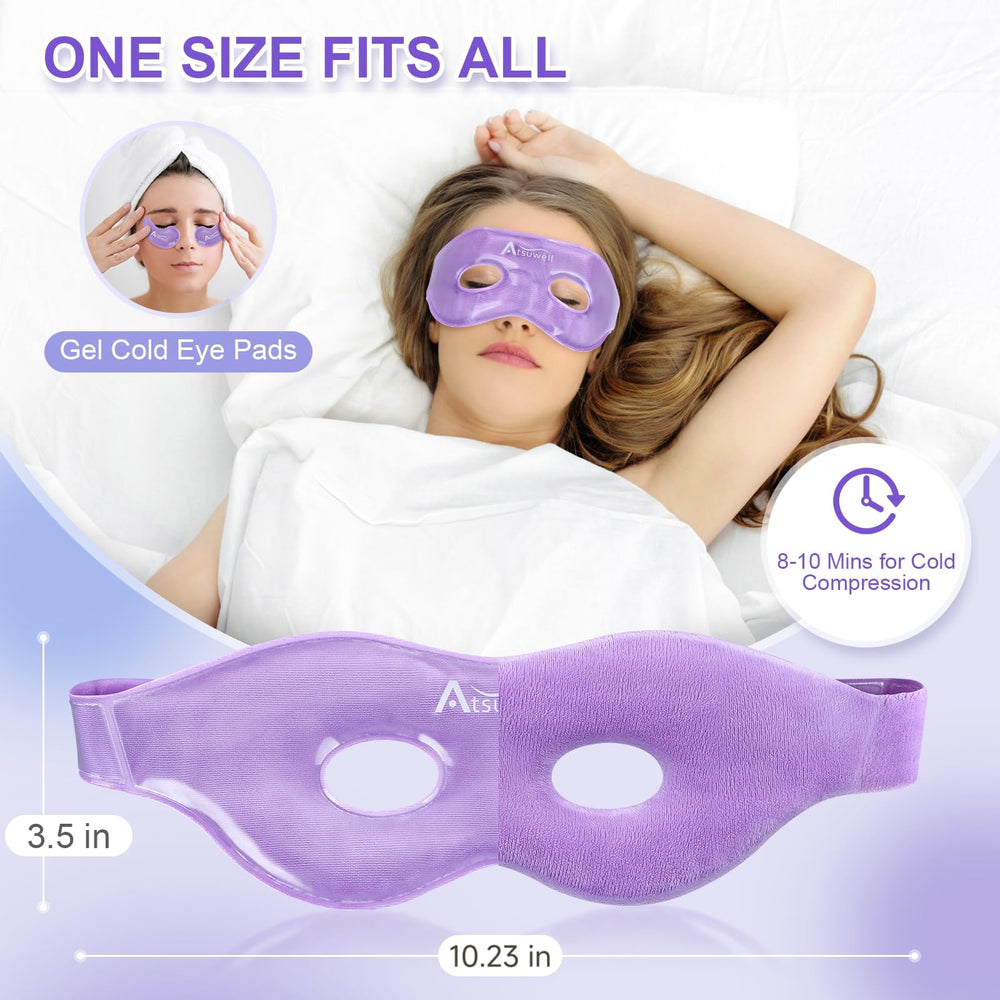 Atsuwell cooling eye mask with holes for unobstructed viewing during relaxation.