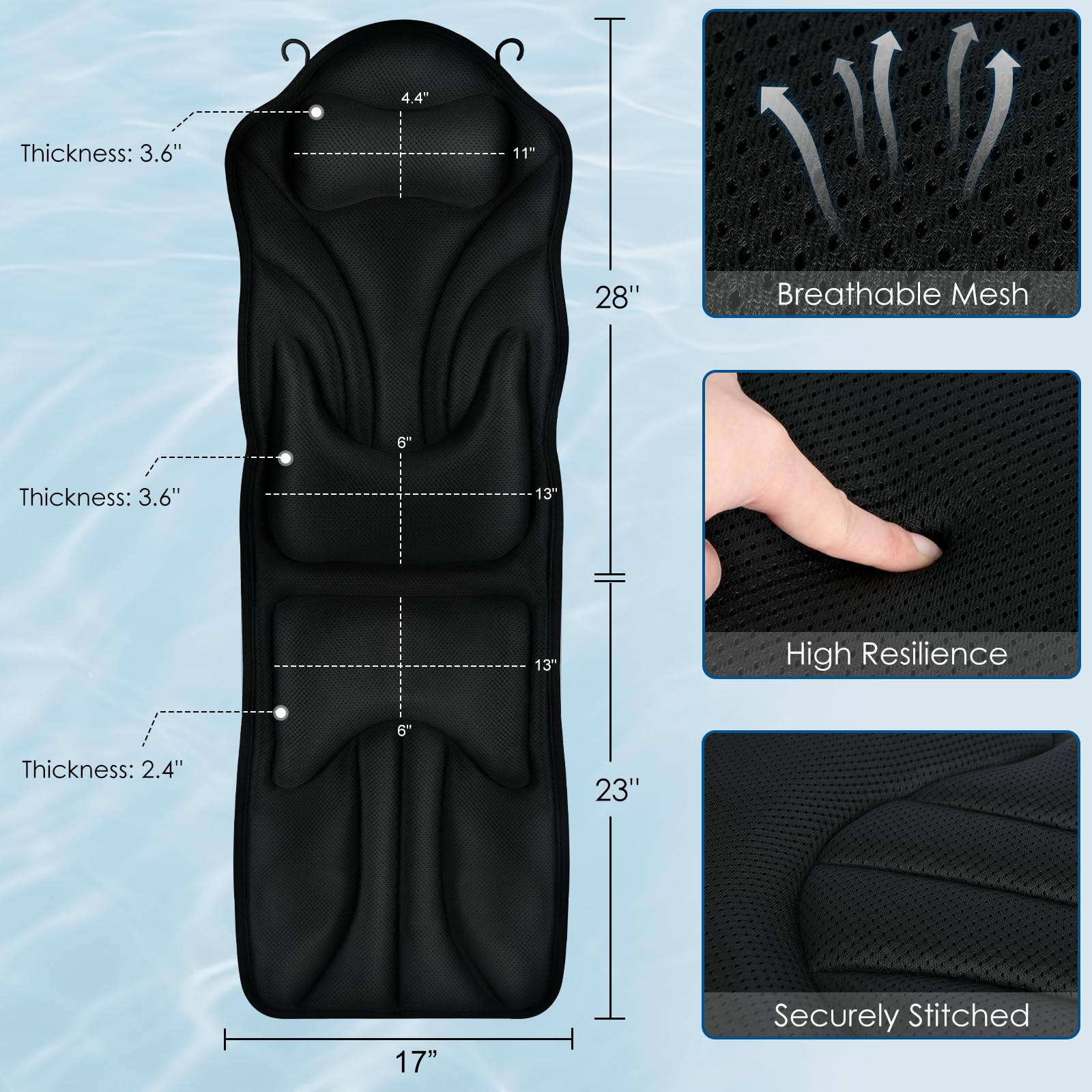 Atsuwell lumbar support cushions the back during tub sessions