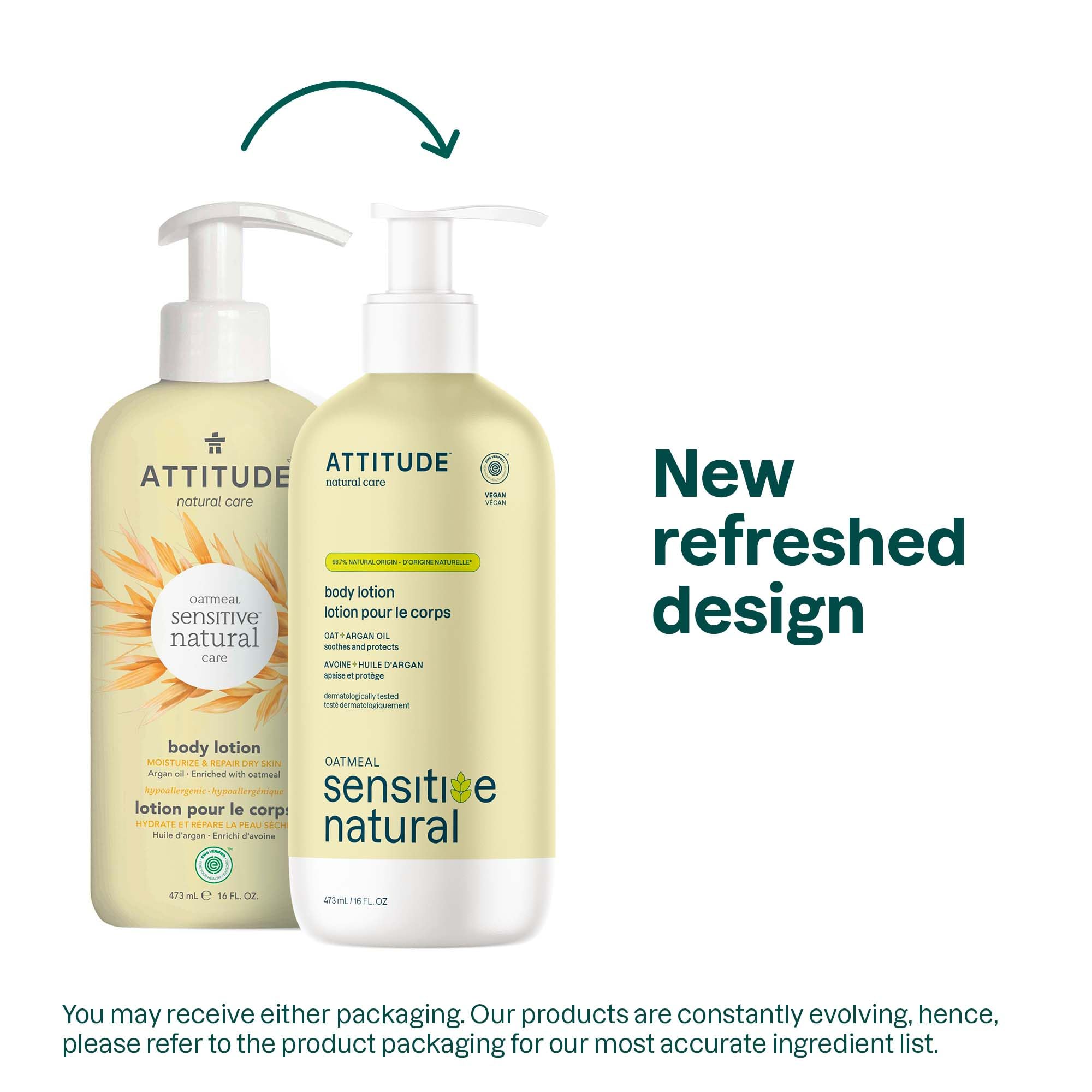 ATTITUDE body lotion with argan oil and oat drops illustrating nourishing skin comfort.