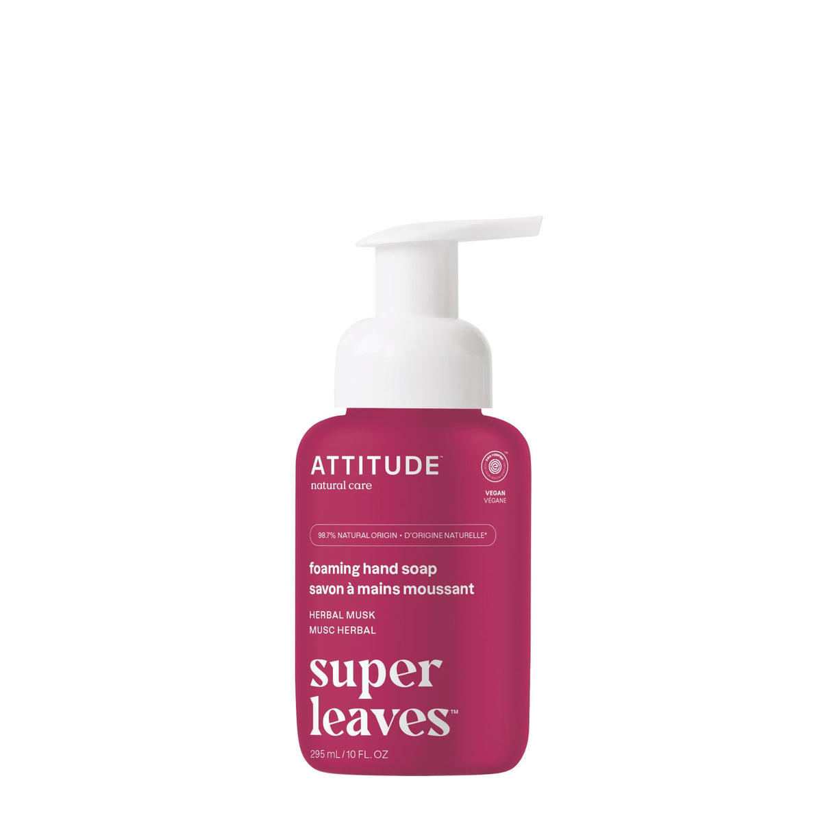 ATTITUDE foaming hand soap bottle shows clean, natural ingredients for gentle cleansing.