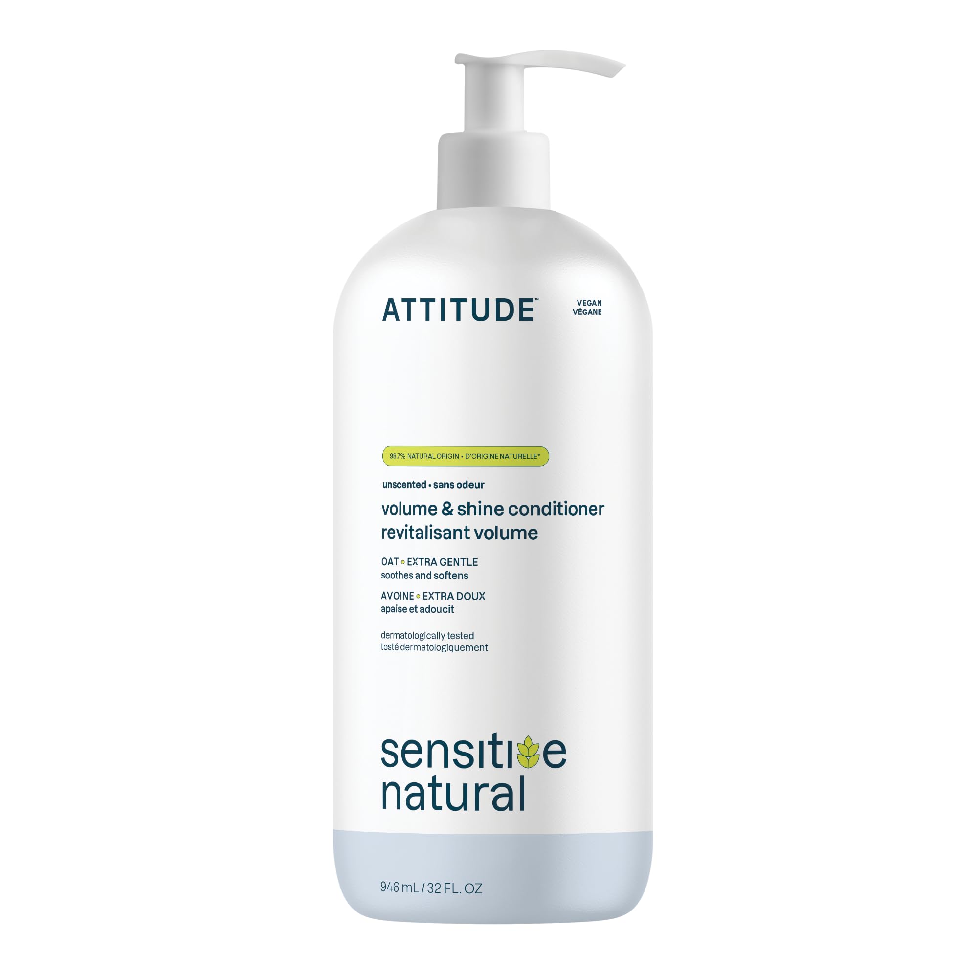 ATTITUDE hair conditioner volume bottle highlights 98% natural formula for light, voluminous hair