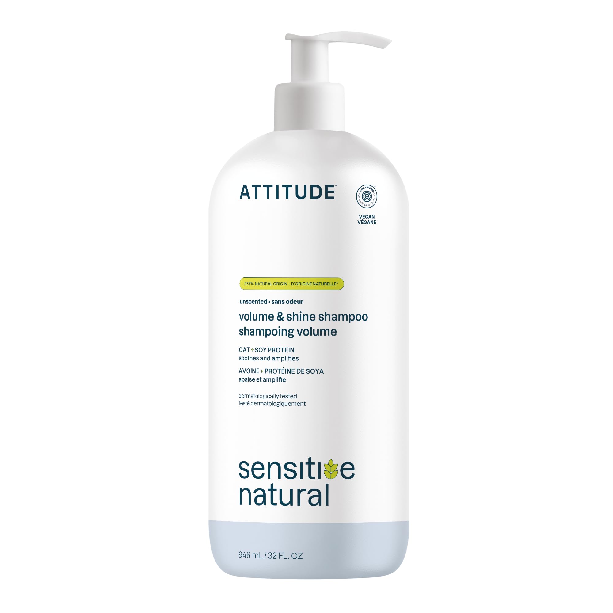 ATTITUDE Hair Shampoo bottle—unscented, ideal for sensitive scalp daily care.