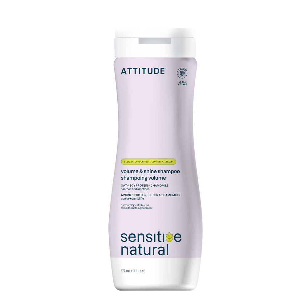 ATTITUDE hair shampoo bottle for sensitive dry scalp shows a gentle cleanse for fine hair