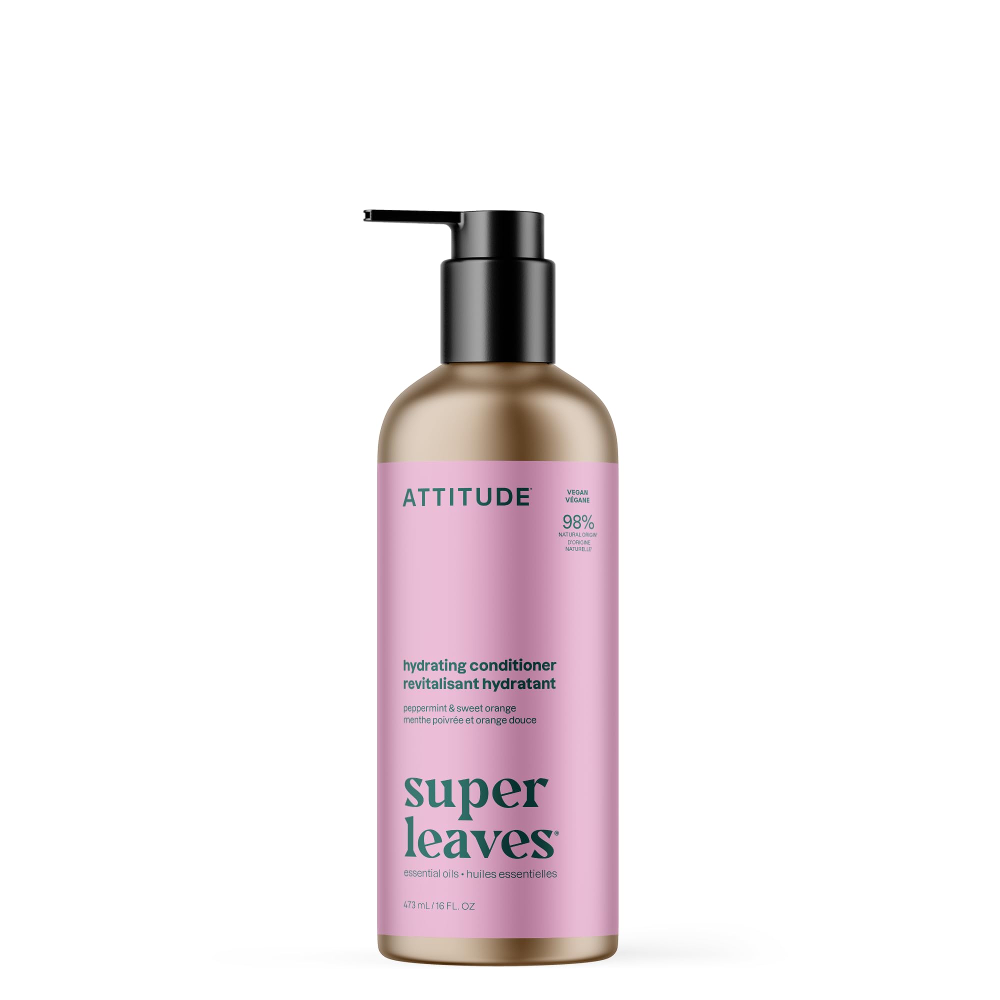 ATTITUDE Hydrating Conditioner bottle highlights refreshing peppermint and orange scent for hair hydration.