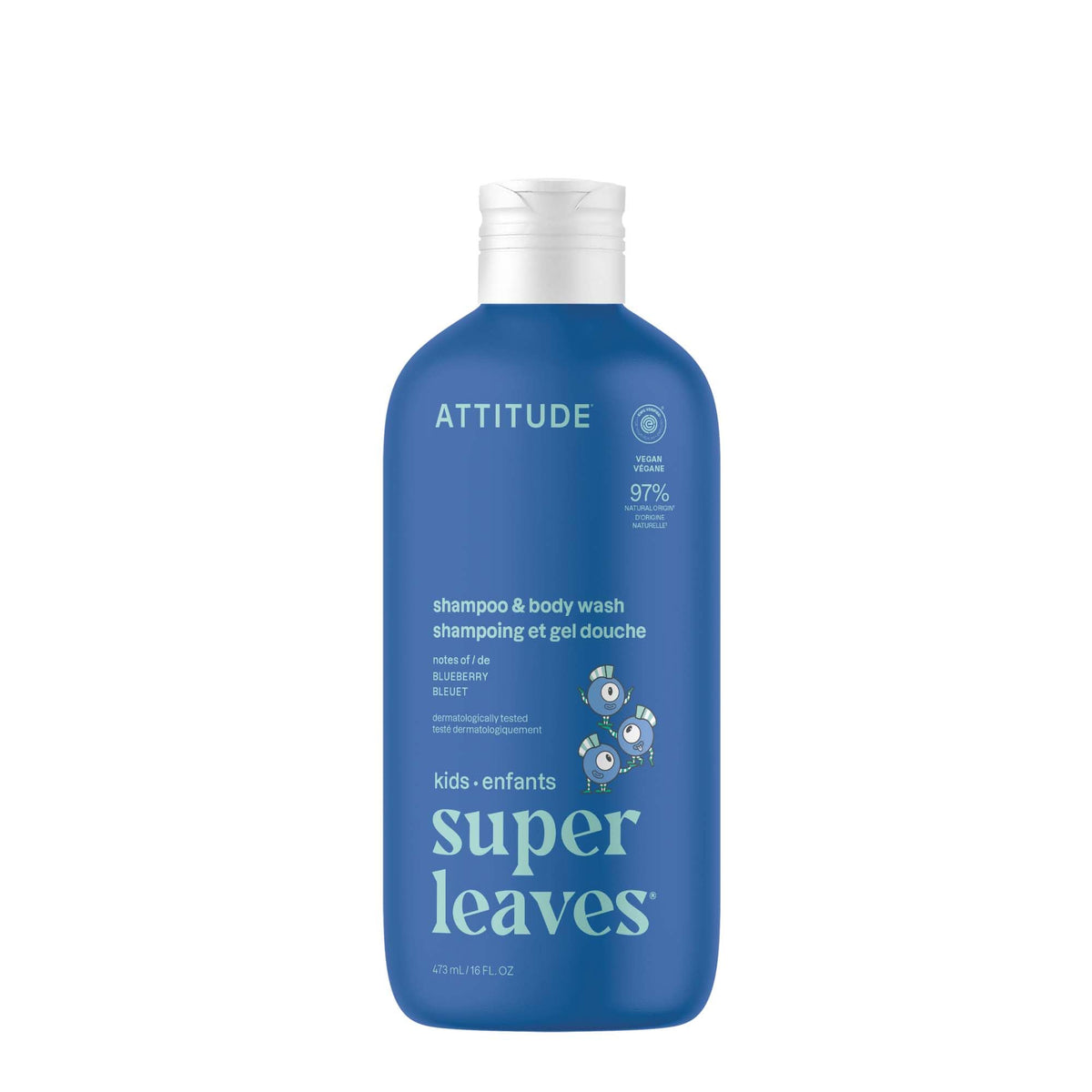 ATTITUDE kids blueberry shampoo bottle provides gentle daily cleansing for kids.