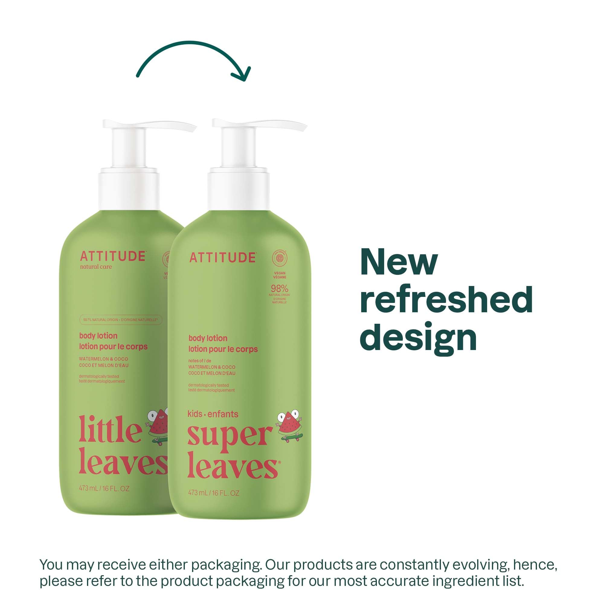ATTITUDE Kids Lotion Watermelon & Coco label close-up, vegan and EWG verified.