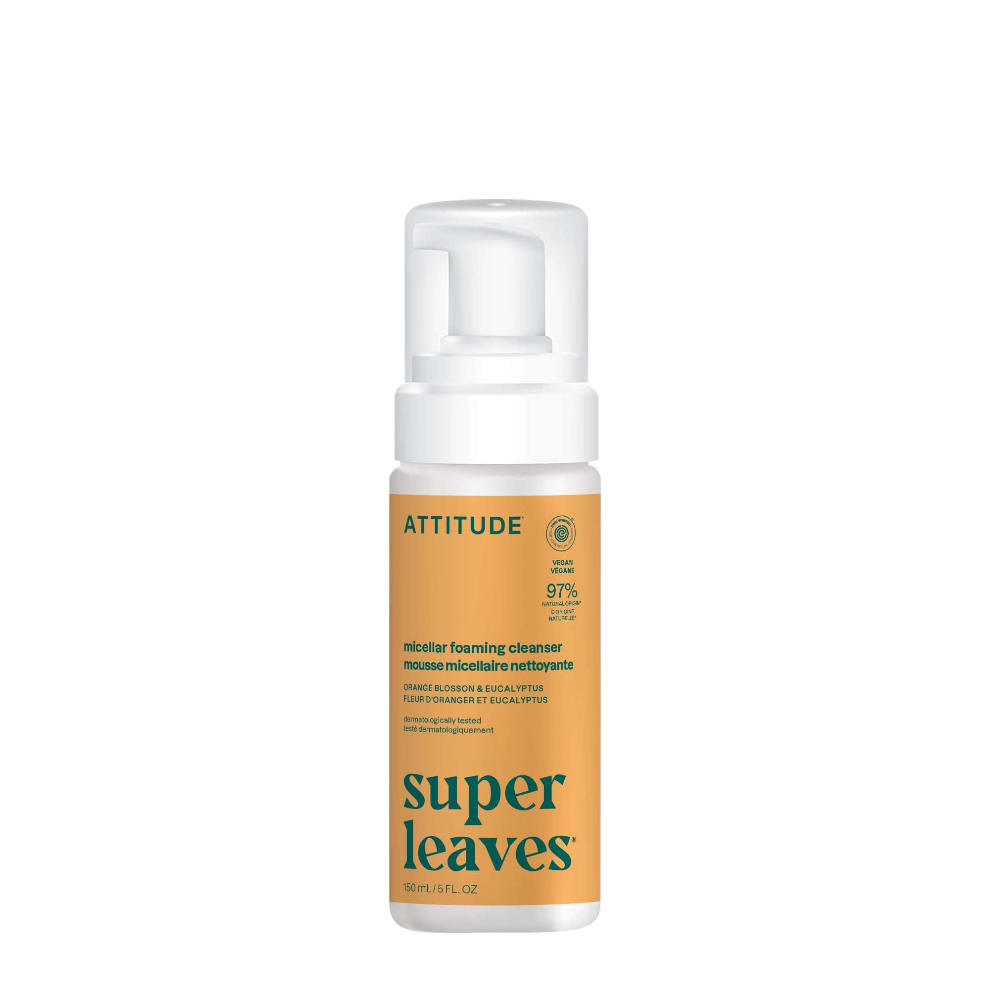 ATTITUDE micellar foaming cleanser bottle demonstrates vegan formula for daily gentle cleansing.