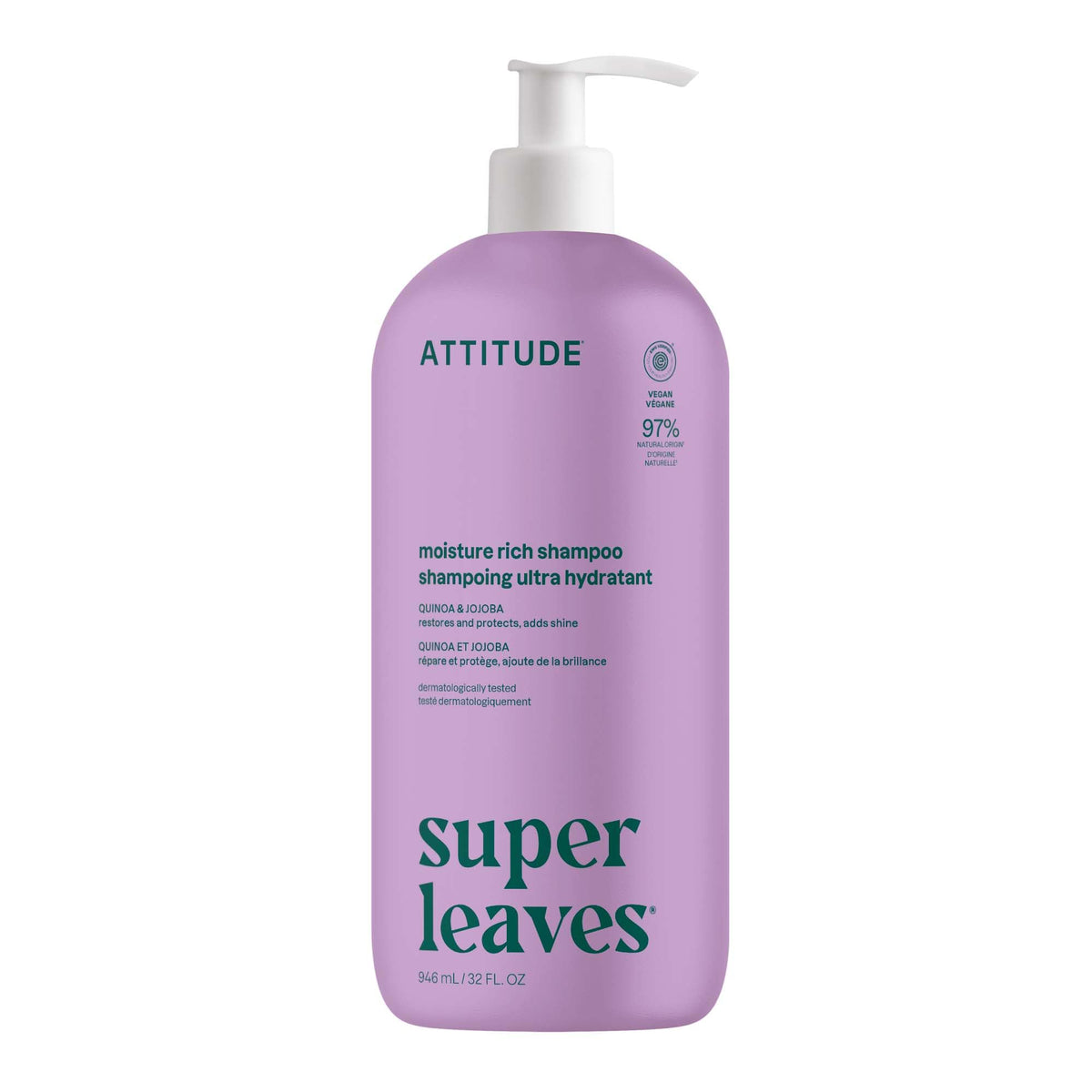 ATTITUDE Moisture Rich Hair Shampoo bottle front; hydrating formula for dry hair.