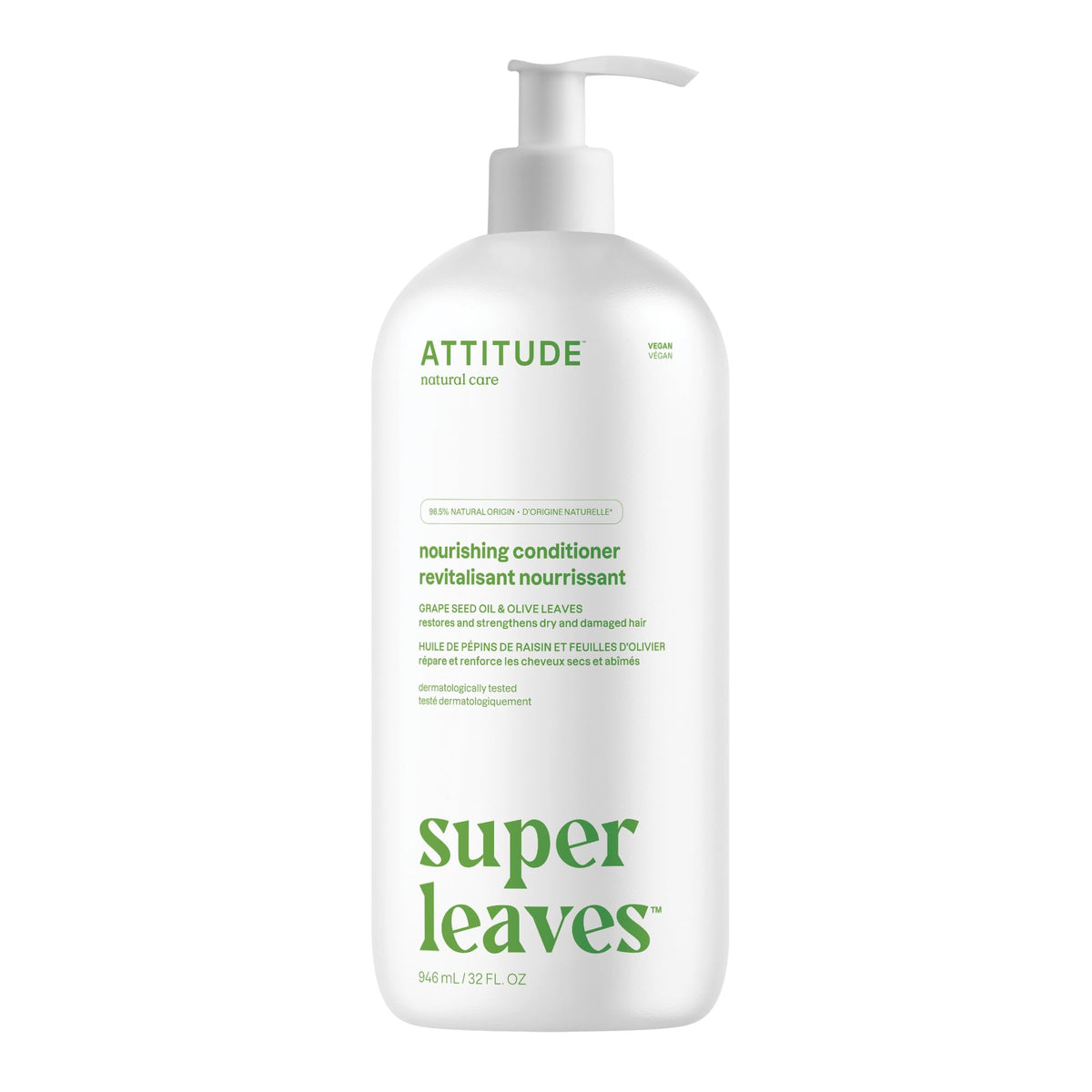 ATTITUDE Nourishing Hair Conditioner bottle demonstrates vegan formula for dry hair.