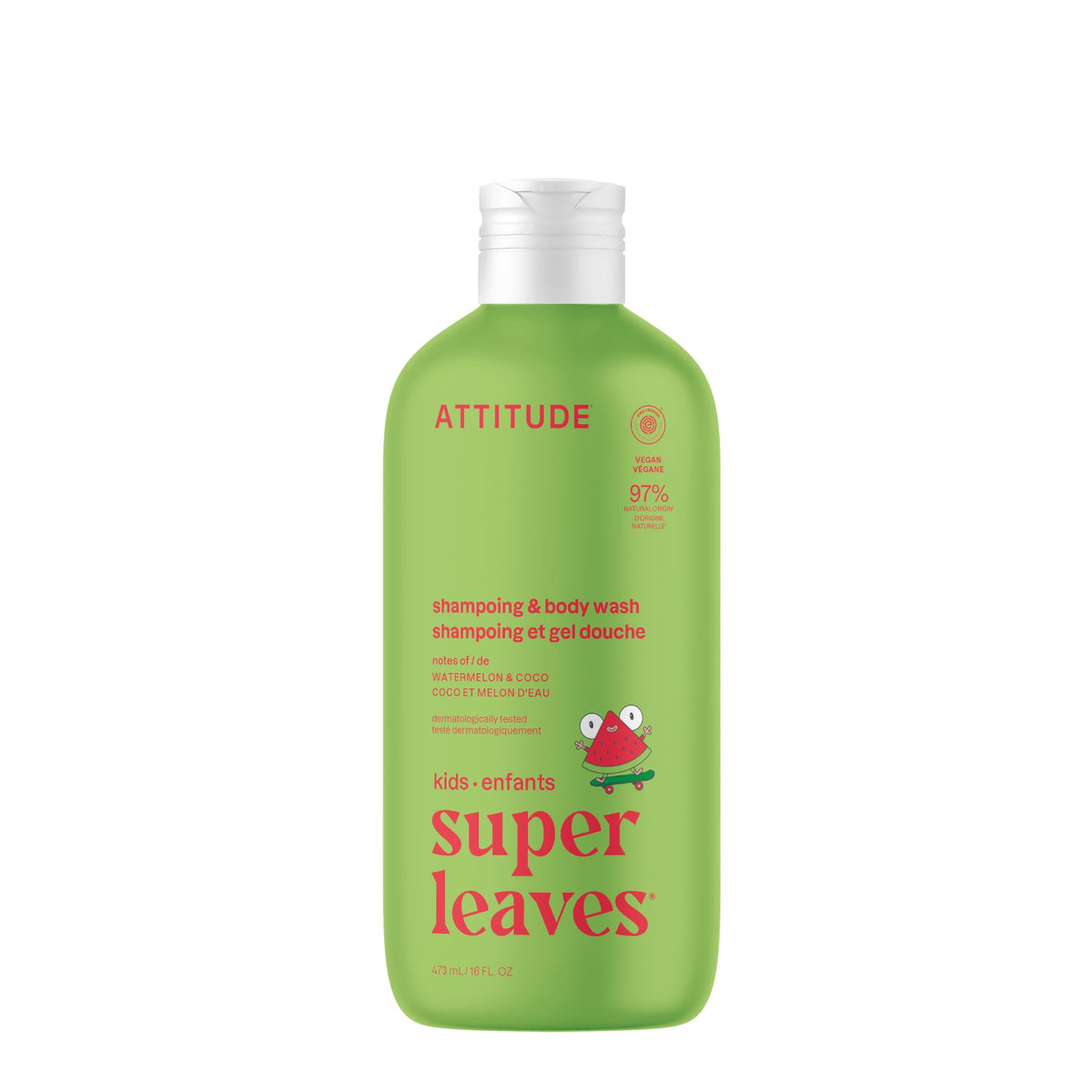 ATTITUDE Watermelon and Coco kids bottle front for gentle daily cleanse.