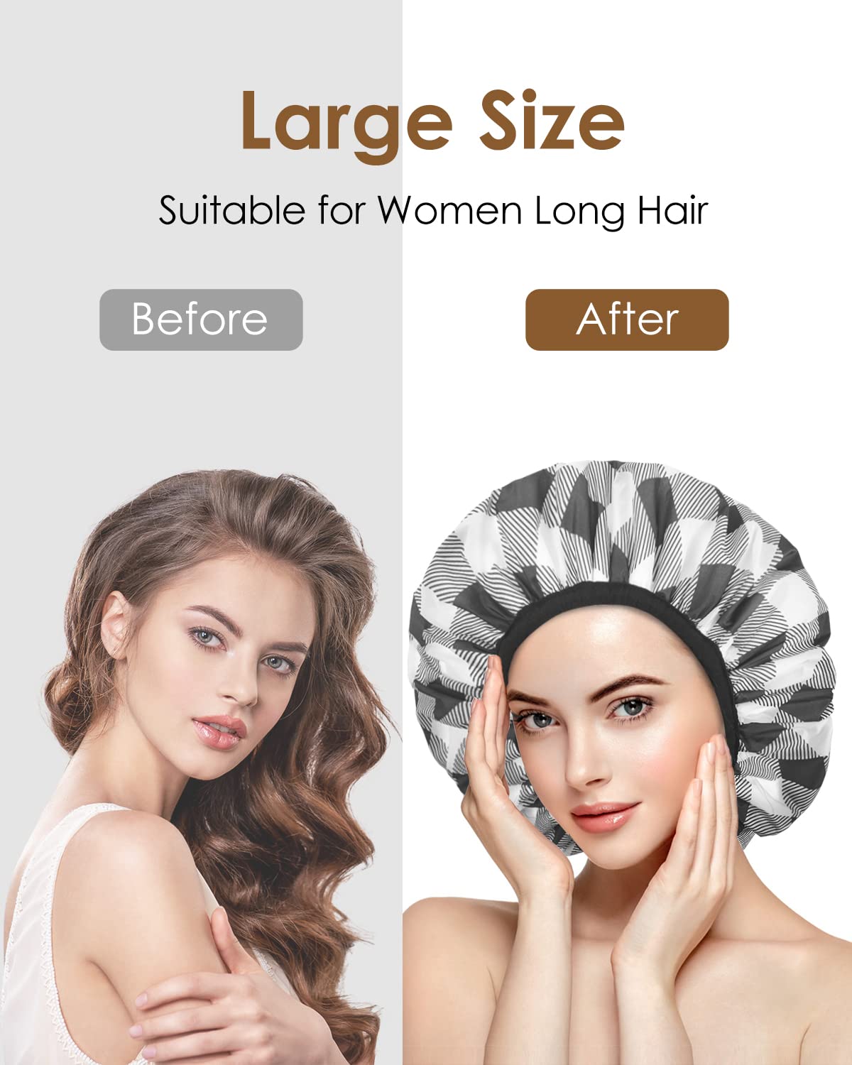 Auban shower cap XL size accommodates long or thick hairstyles.