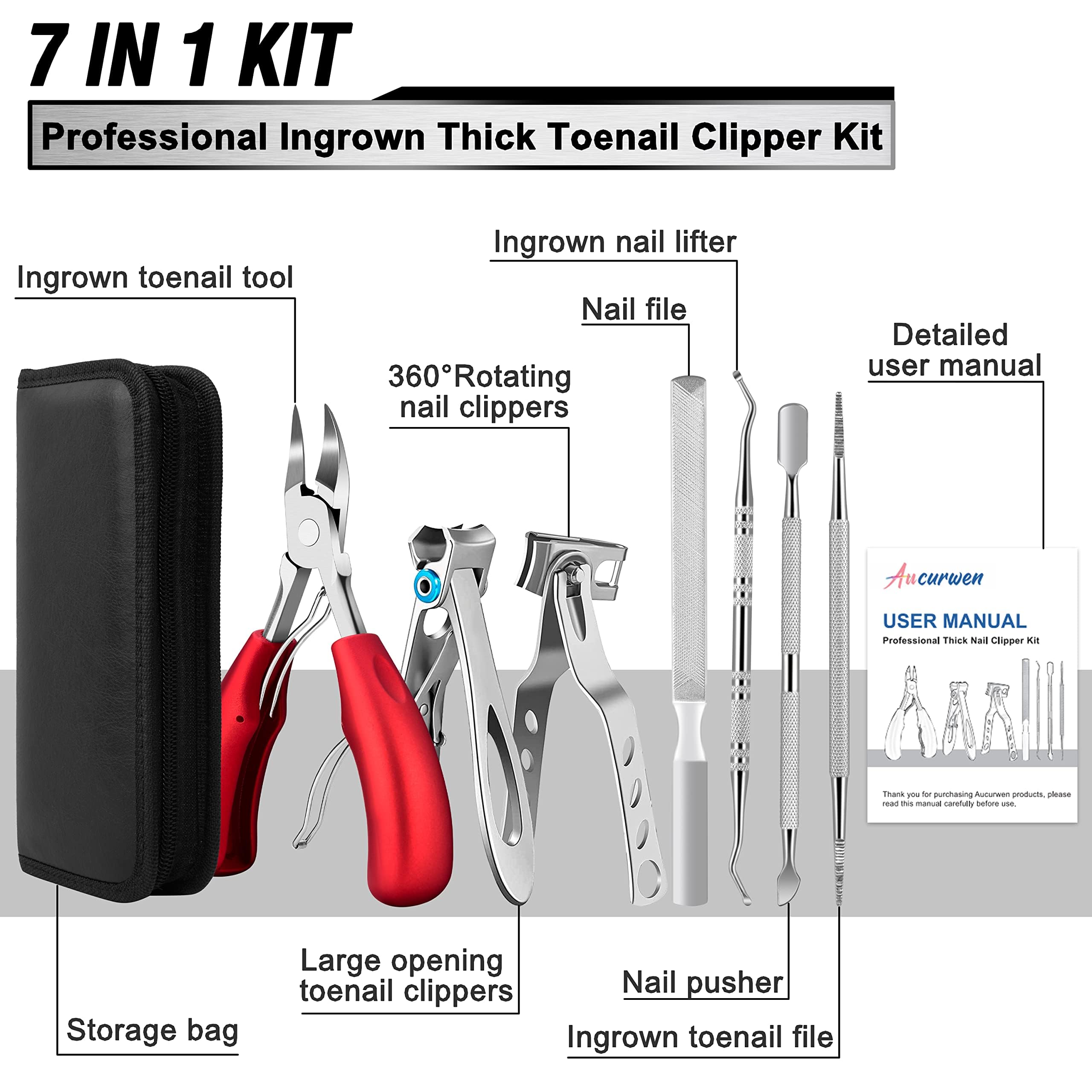Aucurwen 360° rotating nail clipper enables comfortable angles for tough nails.