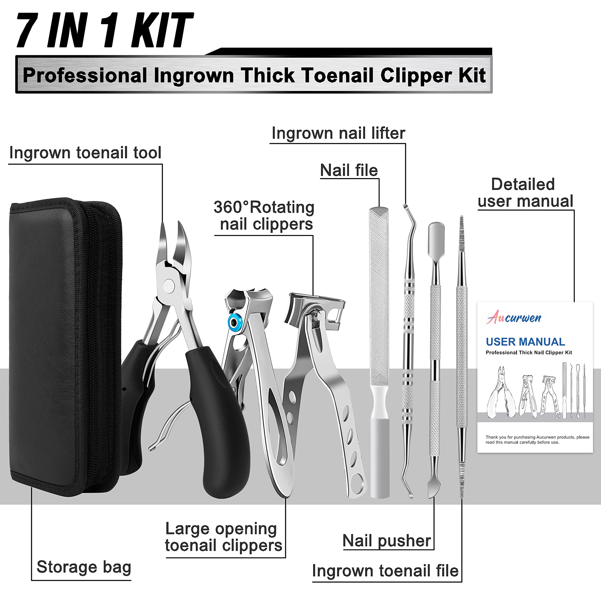 Aucurwen large-opening toenail clipper handles thick nails with a wide jaw for comfort.