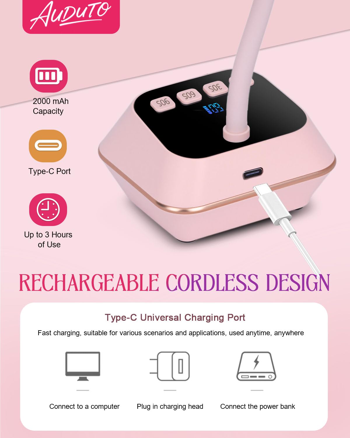 Auduto UV LED Nail Lamp 2000mAh battery enables cordless on-the-go styling.