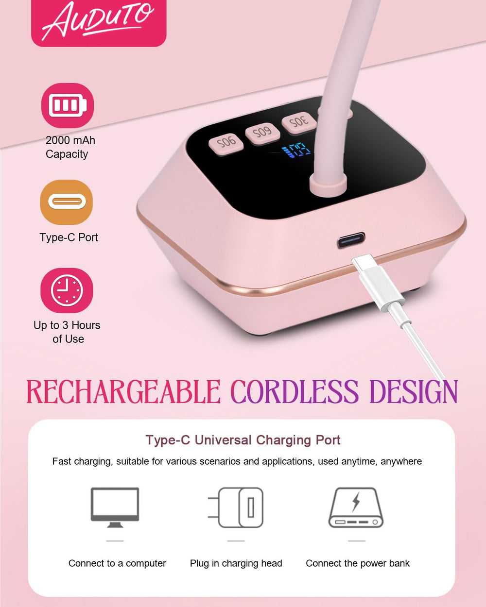 Auduto UV LED Nail Lamp 2000mAh battery enables cordless on-the-go styling.