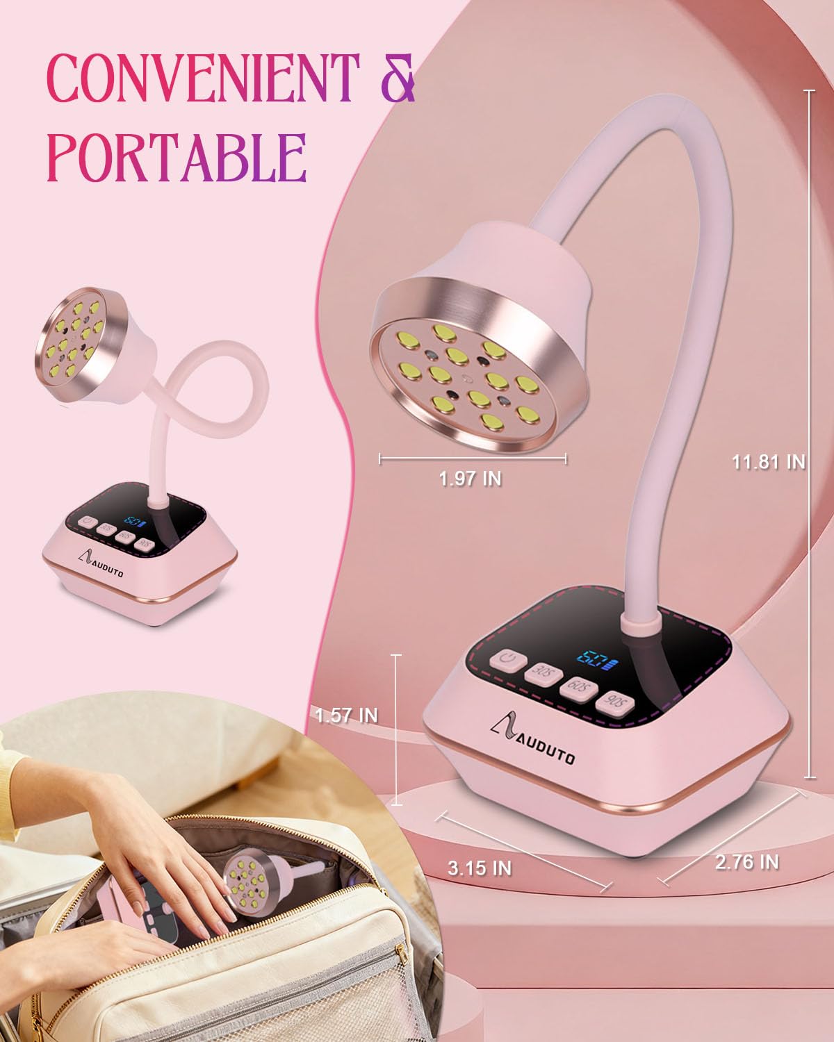 Auduto UV LED Nail Lamp LCD display shows battery and timer status clearly.