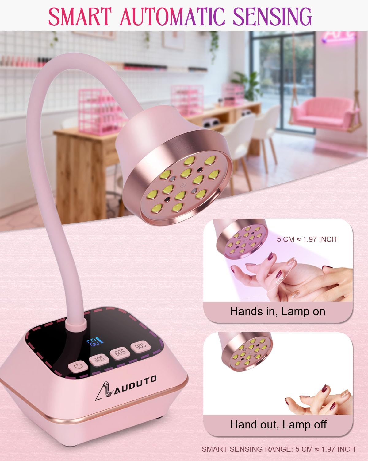 Auduto UV LED Nail Lamp Type-C charging for quick recharges between sessions.