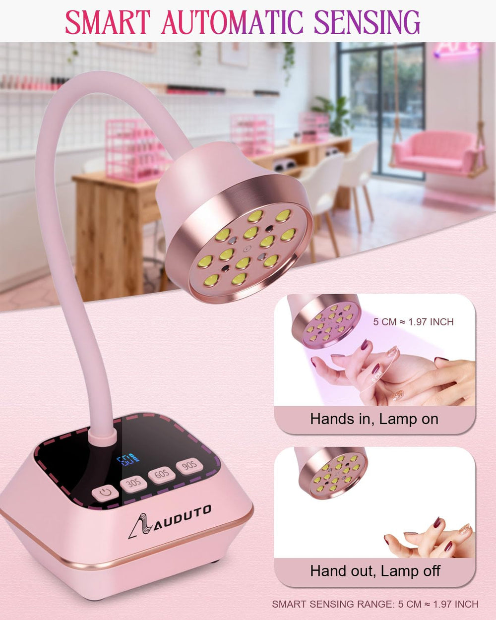 Auduto UV LED Nail Lamp Type-C charging for quick recharges between sessions.