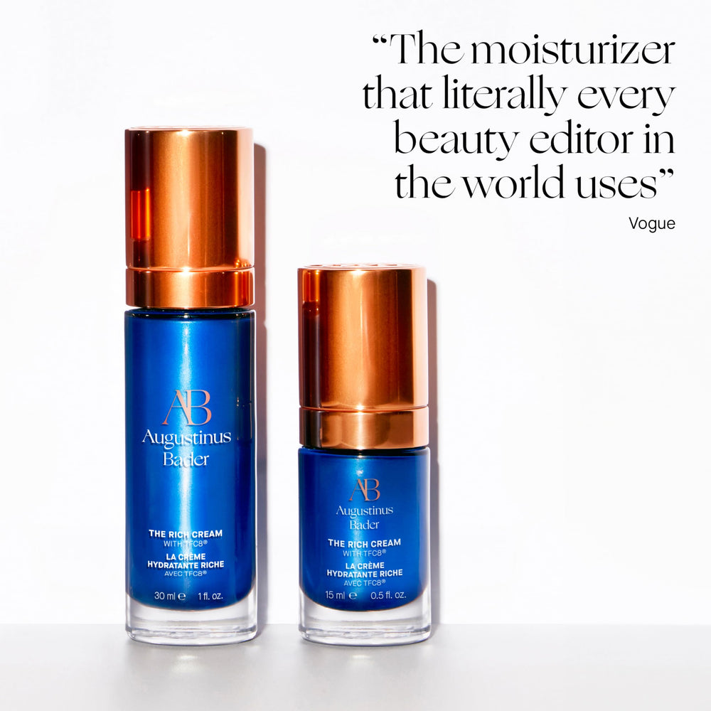 Augustinus Bader The Rich Cream jar on vanity conveys premium anti-aging skincare ritual.