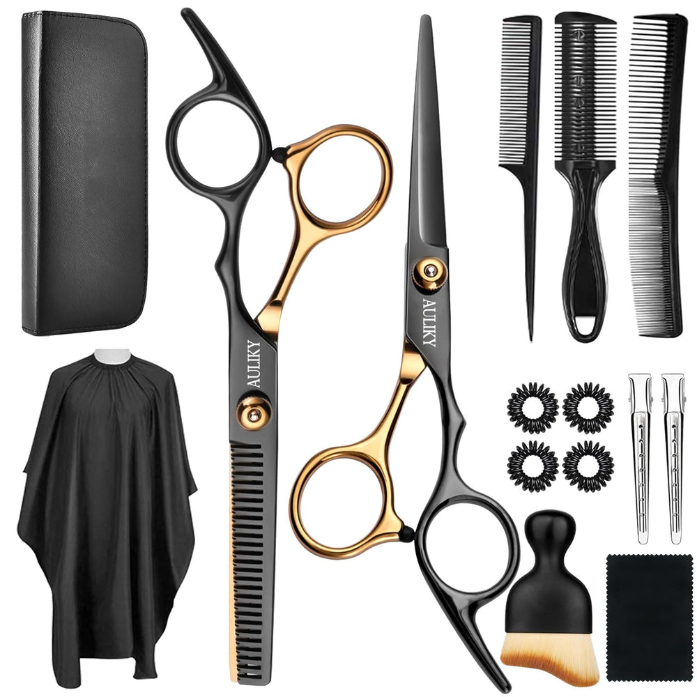 AULikY 15-piece hair cutting set with ergonomic handles for precise, salon-quality cuts