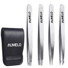 AUMELO flat tweezers showing flat tip for brow shaping and control