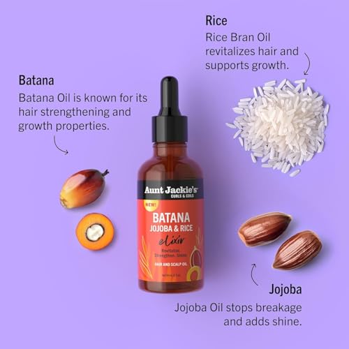 Aunt Jackie's Batana Jojoba Rice Elixir pour—demonstrates easy application for scalp nourishment