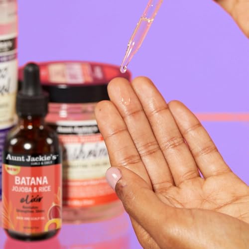 Aunt Jackie's Batana Jojoba Rice Elixir oil drop—shows lightweight texture for touchable softness