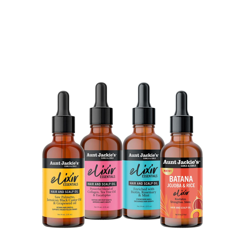 Aunt Jackie's Batana Jojoba Rice Elixir on counter with soft lighting—suggests everyday use
