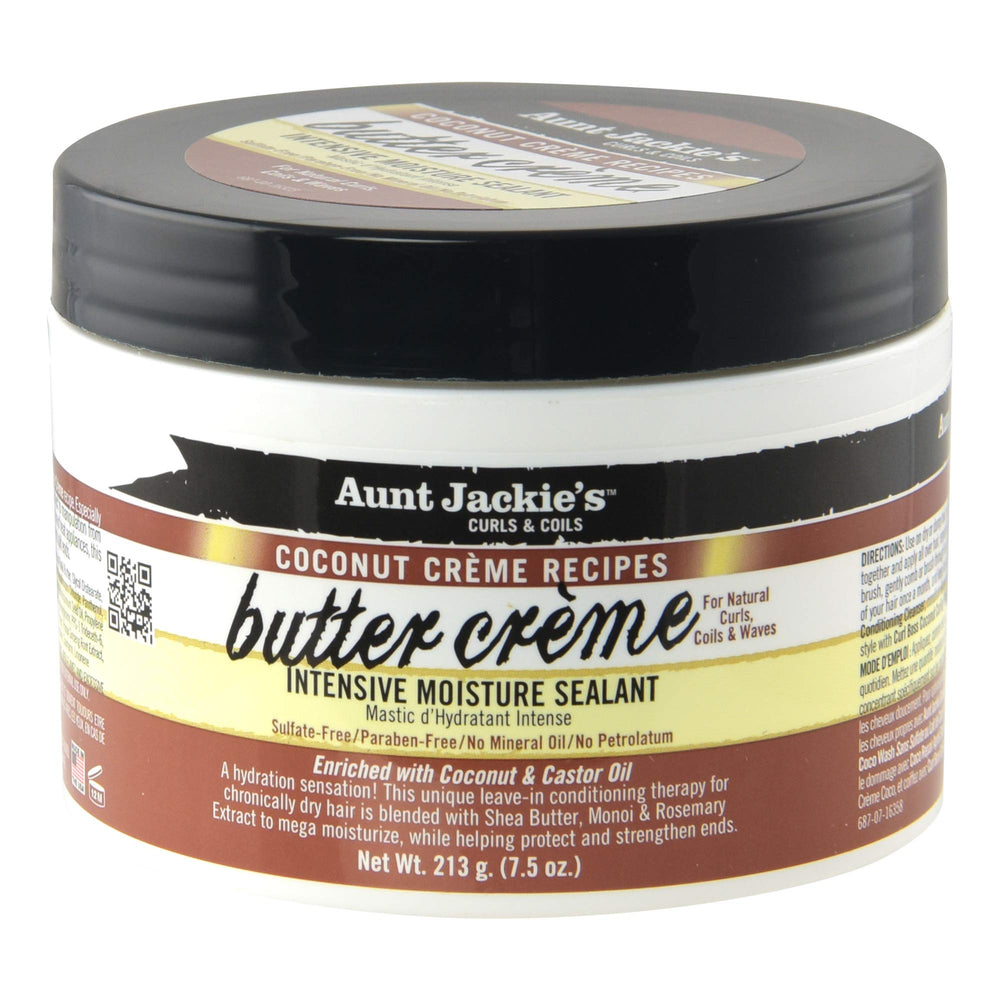 Aunt Jackie's Coconut Creme Butter Creme bottle shows deep hydration for dry hair.