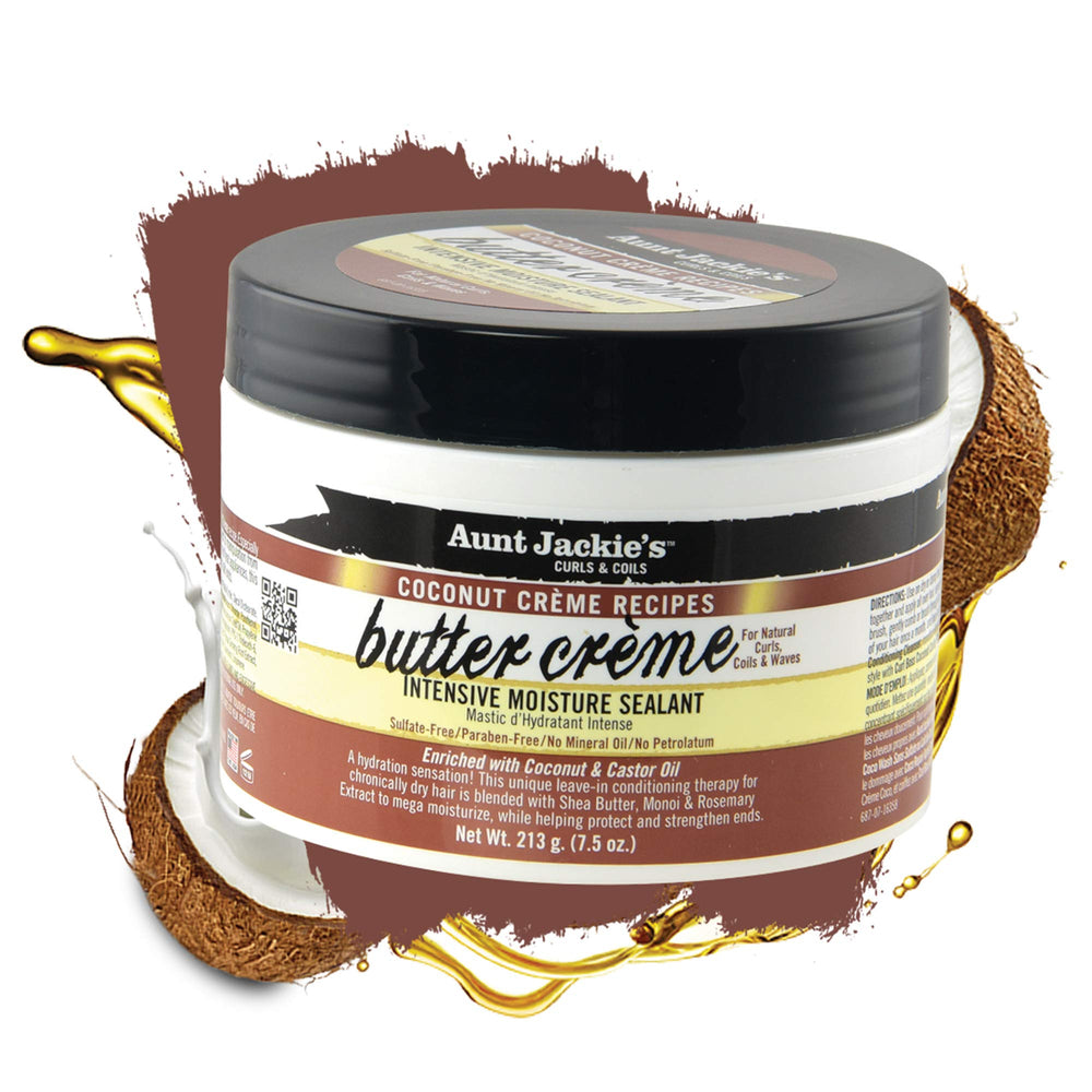 Aunt Jackie's Coconut Creme Butter Creme jar close-up reveals creamy texture for ends protection.