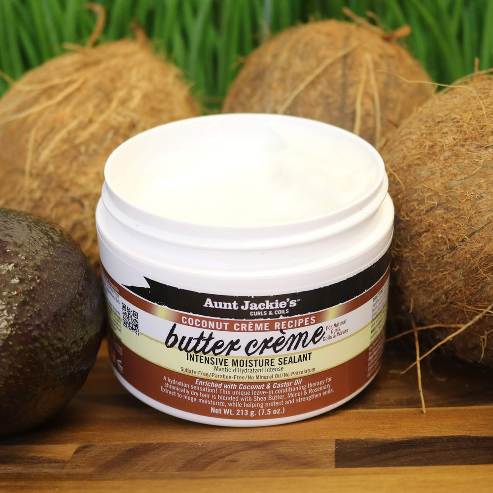 Aunt Jackie's Coconut Creme Butter Creme packaging detail highlights natural ingredients.