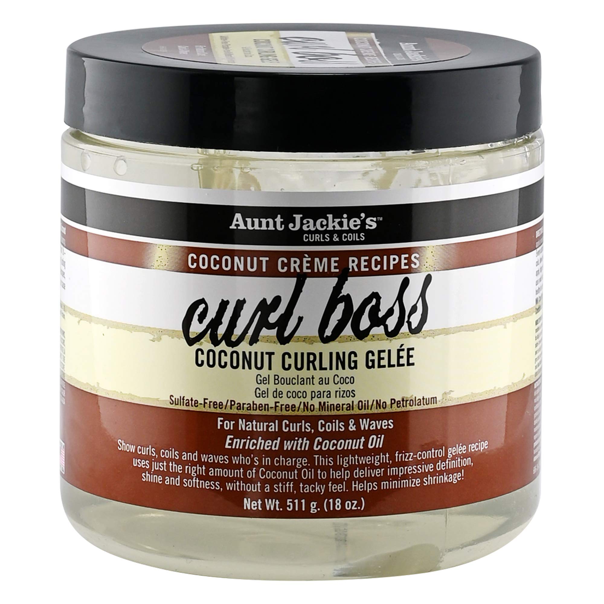 Aunt Jackie's Curl Boss Coconut Curling Gel bottle delivering defined curls, natural shine, and soft, bouncy texture.