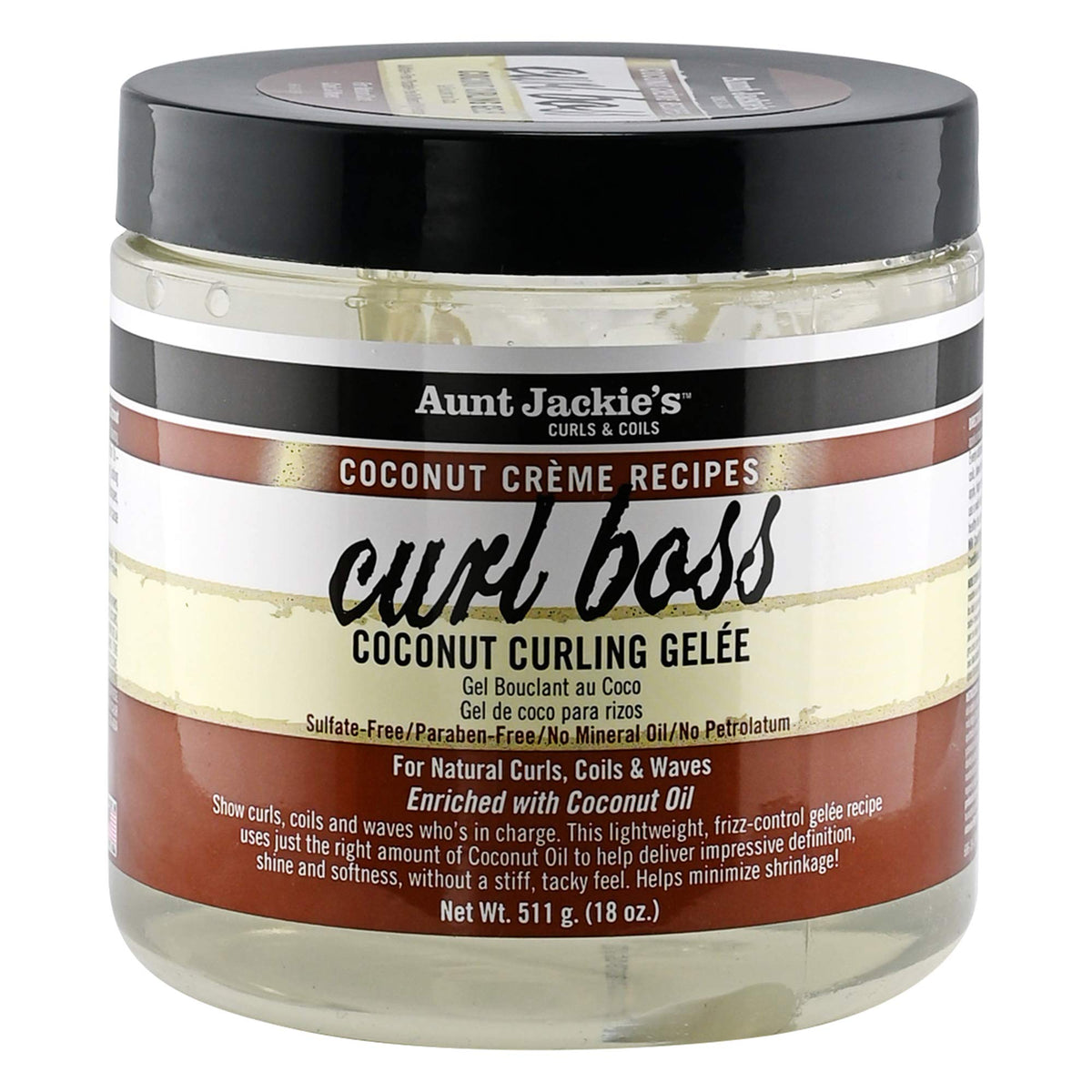Aunt Jackie's Curl Boss Coconut Curling Gel bottle delivering defined curls, natural shine, and soft, bouncy texture.