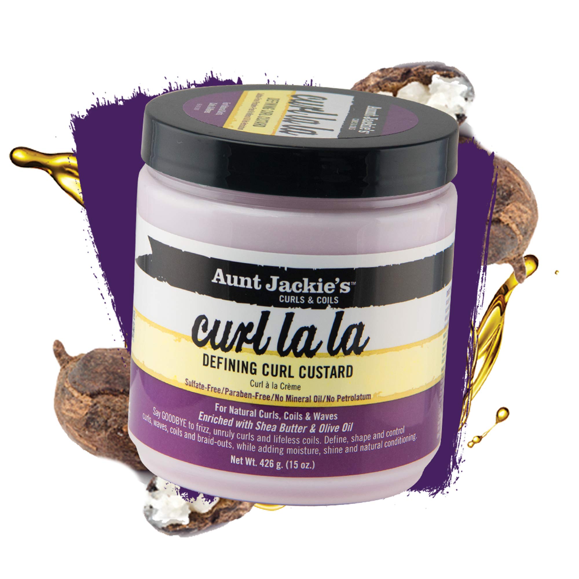 Aunt Jackie's Curl La La Custard swirl on finger demonstrates define-enhancing cream.