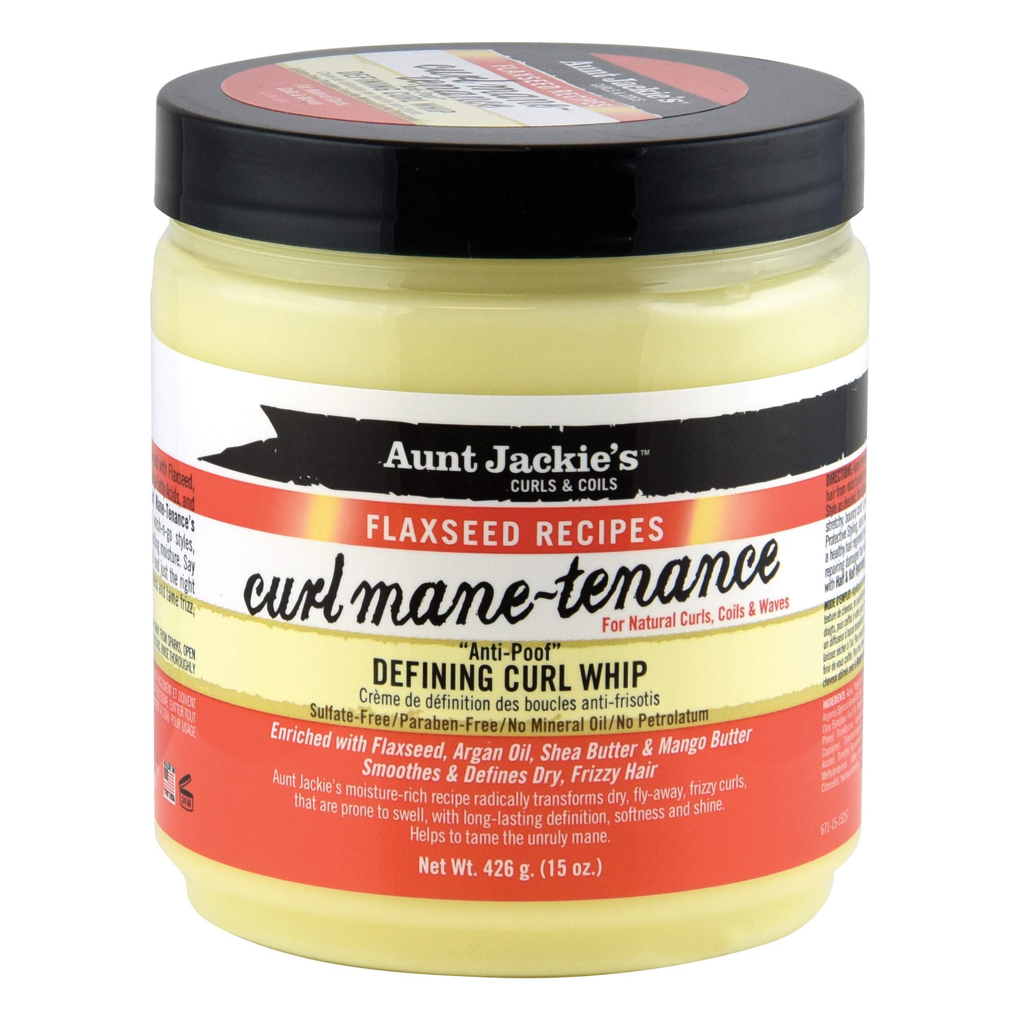 Aunt Jackie's Curl Mane-Tenance Defining Curl Whip jar for soft, defined curls.