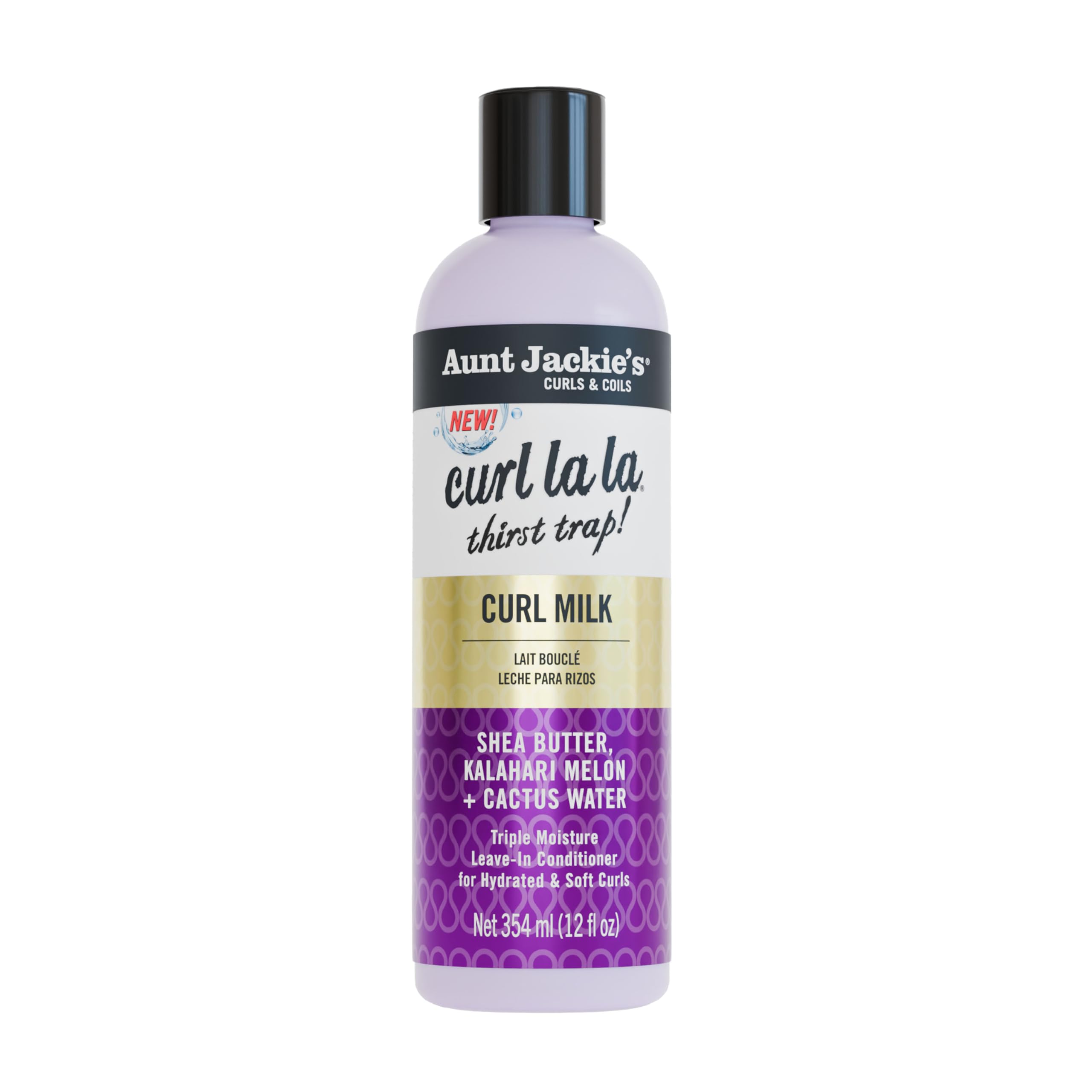 Aunt Jackie's Curl La La bottle close-up for hydrated, defined curls.
