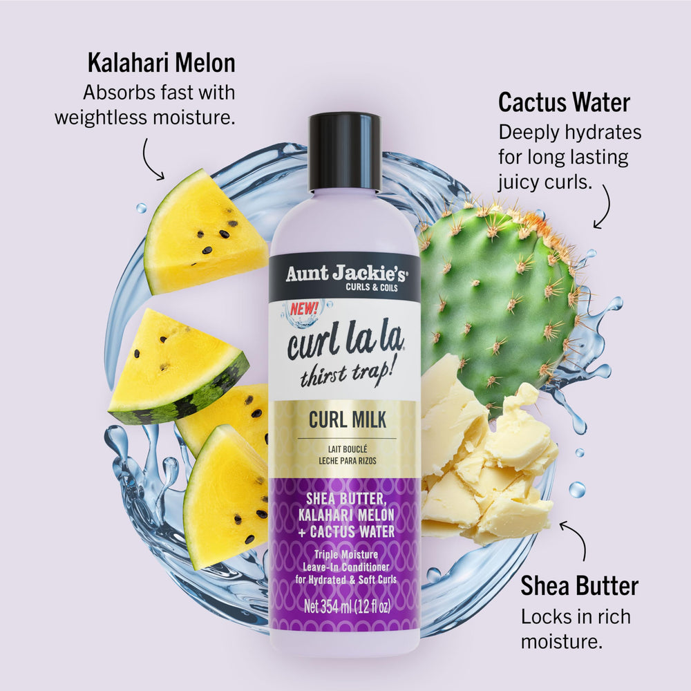 Aunt Jackie's Curl La La texture close-up shows creamy formula absorbing without weigh-down.