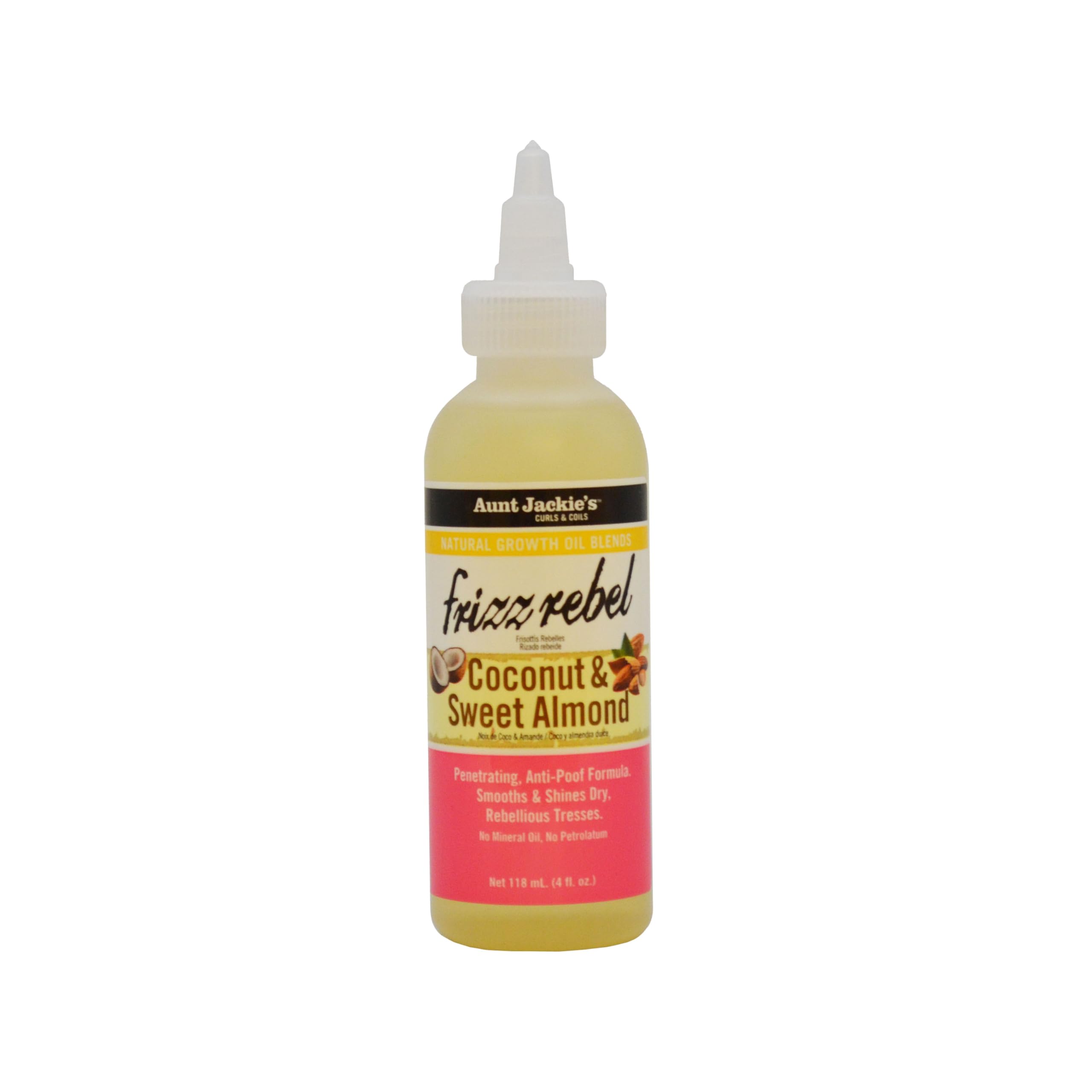 Aunt Jackie's Frizz Rebel bottle with coconut and sweet almond oils for smoother, shinier hair.