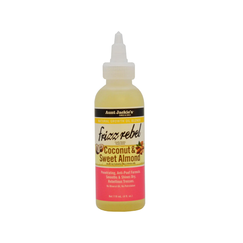 Aunt Jackie's Frizz Rebel bottle with coconut and sweet almond oils for smoother, shinier hair.